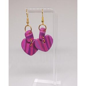 Striped Heart Earrings Pink Boho Polymer Clay Dangle Artisan Statement Drops